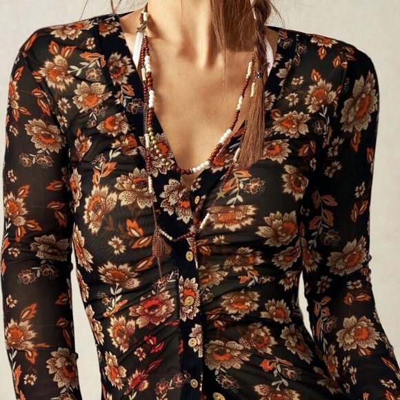 Multicolor Casual Women's Boho Lace mesh V-Neck Flared Sleeve Blouse - Picture 7 of 7